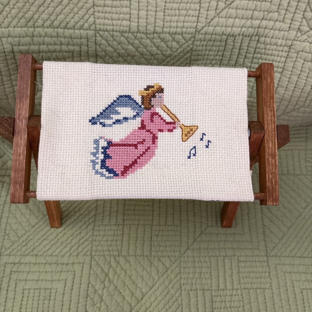 Vintage 6x4 Needlepoint Angel Trumpet on Wooden Tabletop Scroll Frame Christmas